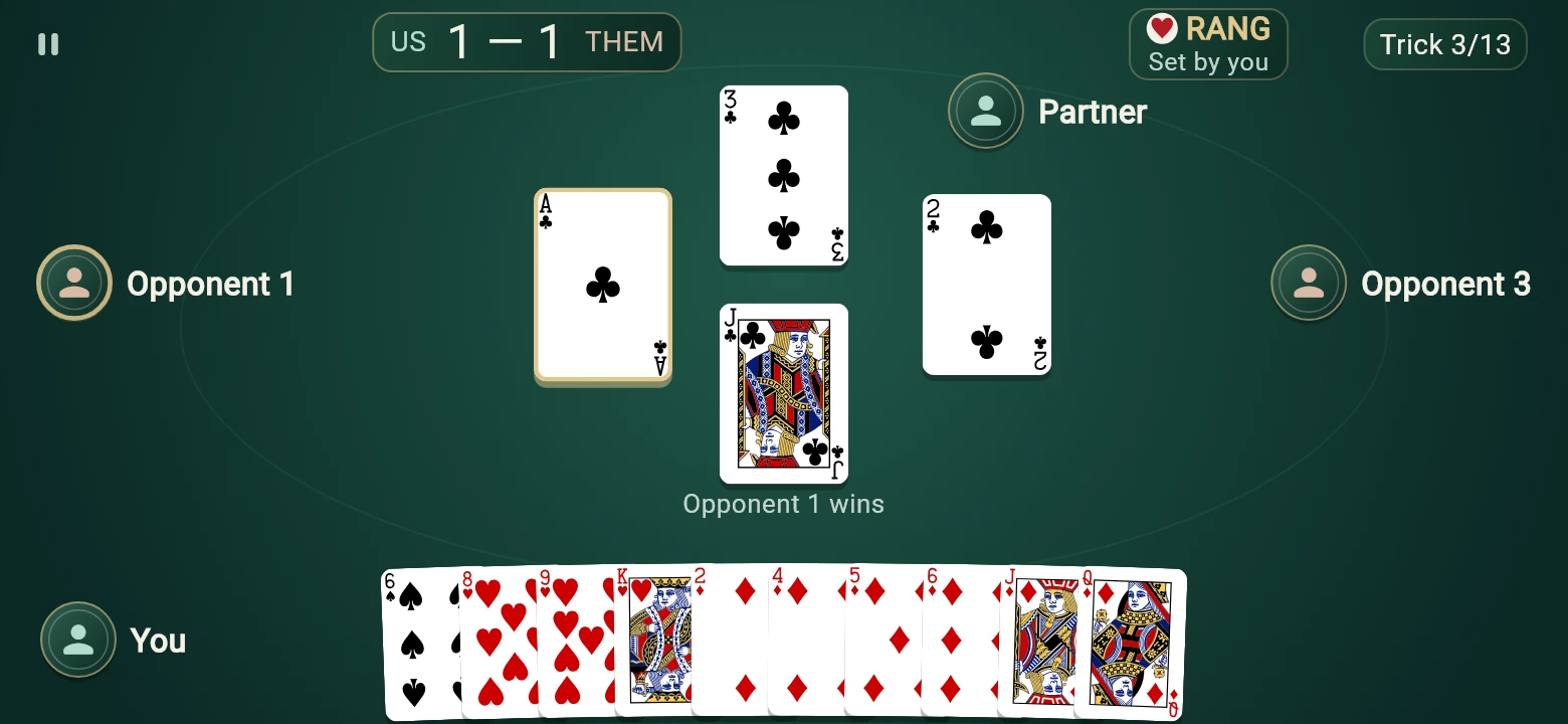 Actual Rang & Cut-Rang gameplay showing your hand, AI partner, two opponents and cards played to the table
